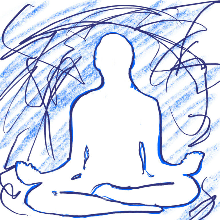 illustration of a woman meditating with crazy swirls around her in blue felt tip pen