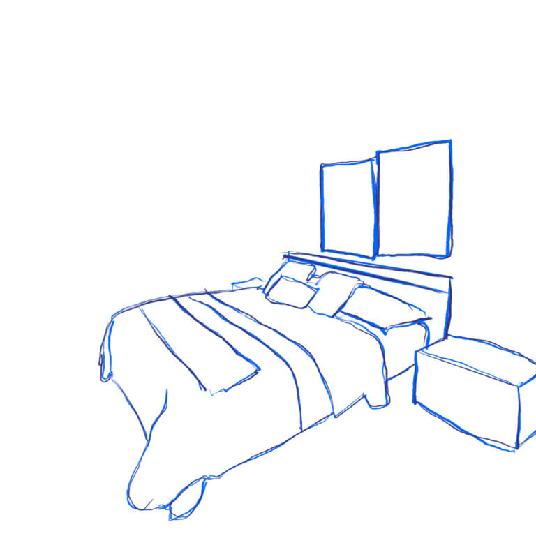 illustration of bedroom in blue felt tip pen