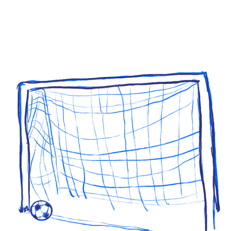 illustration of a soccer goal in blue felt tip pen