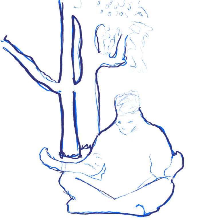man meditating in blue felt tip pen