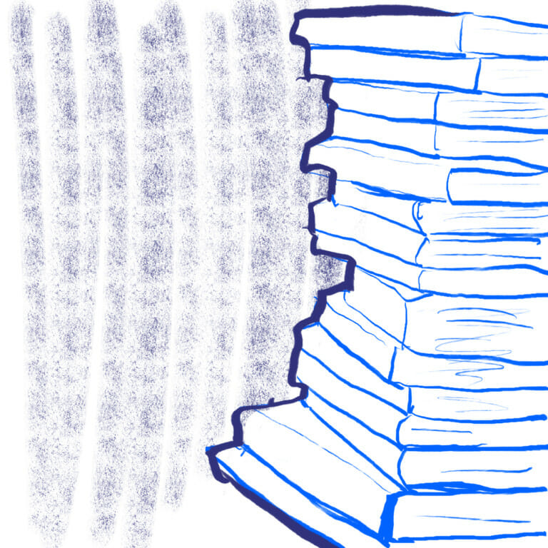 blue marker illustration of stacked books