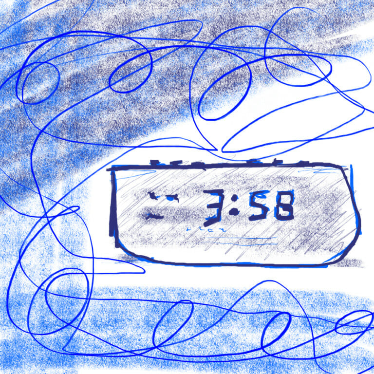 blue marker illustration of an alarm clock