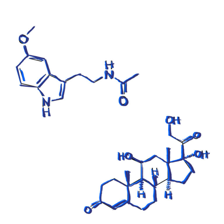 blue marker illustration of the chemical compounds melatonin and cortisol