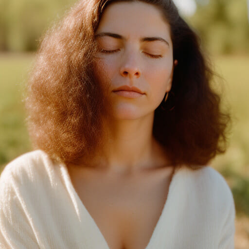 woman with curly brown hair and her eyes closed