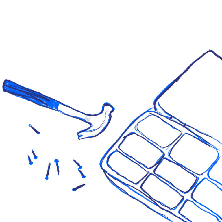 blue marker illustration of a toolbox with a hammer