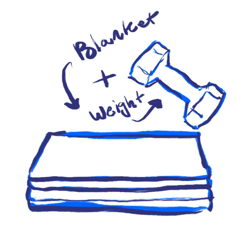 blue felt tip marker illustration of a blanket and a dumbbell weight