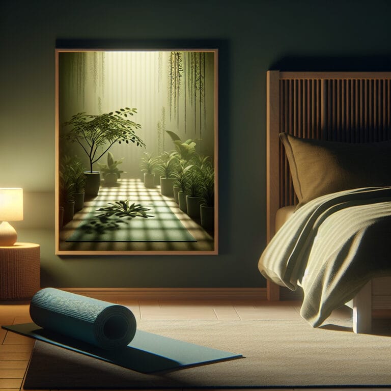 A calming bedroom setup with dim lighting, yoga mat on the floor, and a small plant for a serene atmosphere.