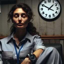 A night shift worker practicing mindfulness meditation in a dimly lit break room with a clock showing late-night hours.