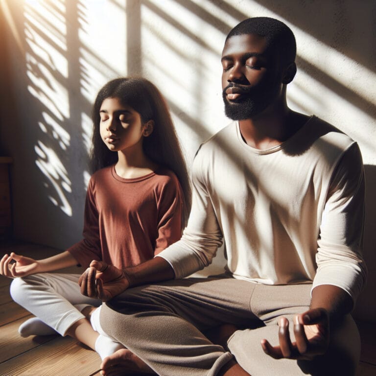 A parent and child sitting peacefully in a meditative posture, practicing deep breathing exercises together in a serene, sunlit room.