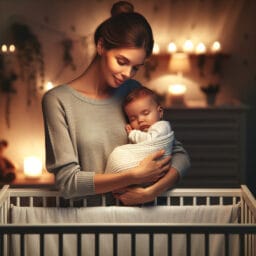 A peaceful bedroom with a crib and dim lighting, showing a parent gently rocking a sleeping newborn, with a serene expression indicating well-being and restfulness.