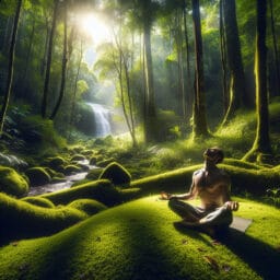 "A person in a peaceful setting practicing Yoga Nidra, with gentle, restorative poses and tranquil surroundings suggestive of deep relaxation and meditation."