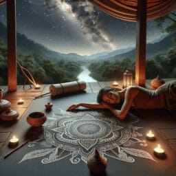 "A person in a serene and peaceful setting practicing Yoga Nidra, with symbols of ancient Indian culture and a tranquil nighttime landscape in the background."