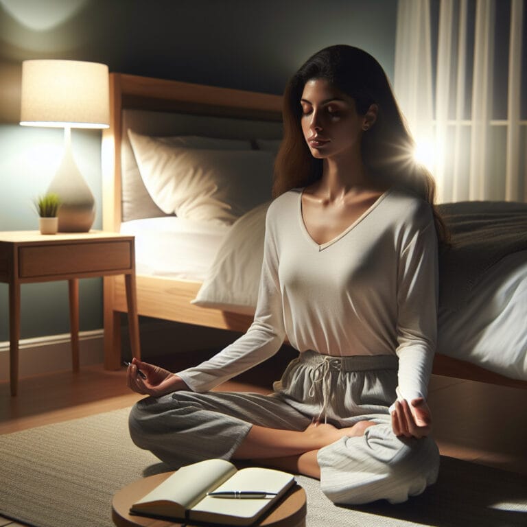 A person sitting in a peaceful bedroom environment practicing meditation before sleep, with a dream journal and pen on the bedside table.