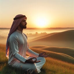 A person sitting in a peaceful meditation pose on a grassy hill with the sun rising on the horizon, reflecting a serene and tranquil morning setting.