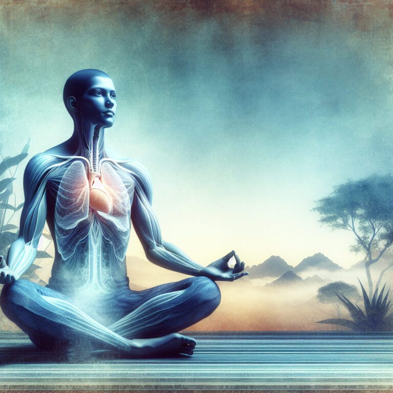 A person sitting peacefully in a meditative pose practicing diaphragmatic breathing with a serene background, illustrating relaxation and controlled breathing.