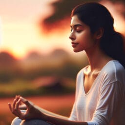 "A person sitting peacefully in a serene environment practicing mindfulness meditation with a soft focus on a gentle sunrise in the background."