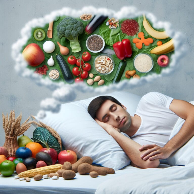 A person sleeping peacefully in a bed surrounded by various plant-based foods like fruits, vegetables, and whole grains, with a dream cloud indicating improved sleep quality.
