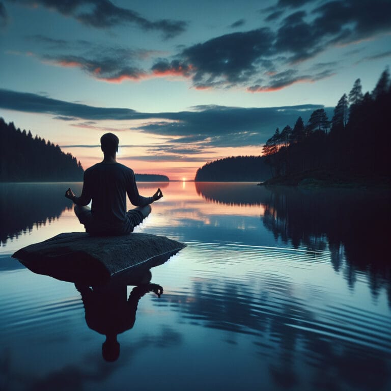 A serene and soothing image of a person sitting in a meditative pose by a calm lake at sunset, surrounded by nature, with gentle ripples on the water's surface.