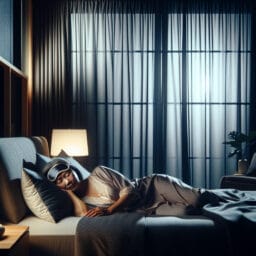 A serene bedroom at night with blackout curtains drawn and a person peacefully sleeping wearing a sleep mask.