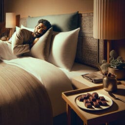 A serene bedroom environment with a person sleeping peacefully and a small plate of dark chocolate on the bedside table.