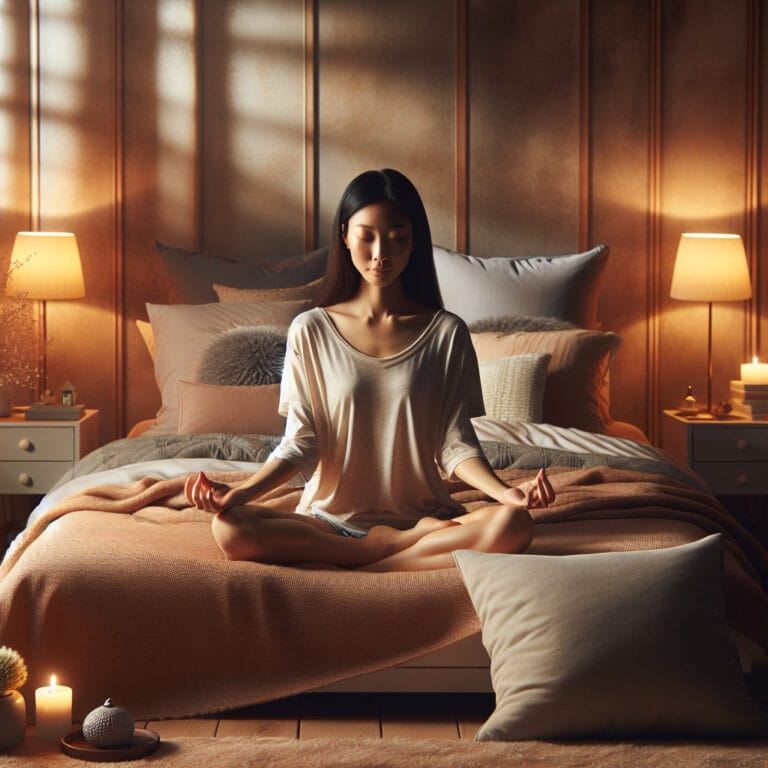 A serene bedroom setting with a person sitting on the bed meditating with a peaceful expression, surrounded by soft lighting and calming decor, symbolizing tranquility and positivity before sleep.