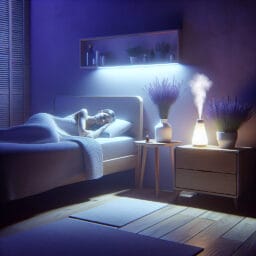 A serene bedroom with a person sleeping peacefully, a lavender plant on the nightstand, and essential oil diffuser releasing a gentle mist.