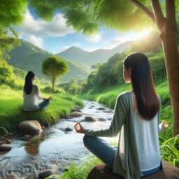 A serene image of a person meditating in a tranquil outdoor setting with a clear sky, symbolizing peace and mental clarity as an alternative to smoking.