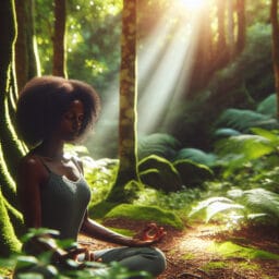 A serene individual meditating in a tranquil setting, surrounded by nature, with soft sunlight filtering through the trees.