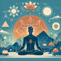 A serene individual meditating in a tranquil setting with symbols of Tantra around them, reflecting a sense of peace and transformation.