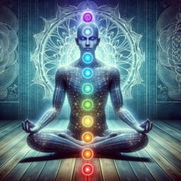 A serene person meditating in a lotus position with seven glowing orbs aligned along the spine, each orb a different color representing the chakras.