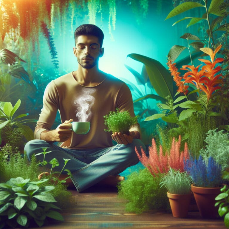 A serene setting with a person sitting cross-legged in meditation, holding a cup of steaming herbal tea, with plants and herbs in the background.