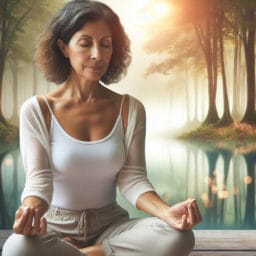 A tranquil middle-aged woman meditating in a serene setting with gentle lighting, possibly surrounded by nature, symbolizing peace and mindfulness during menopause.