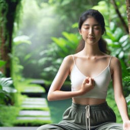 A woman peacefully practicing yoga in a serene setting, with a focus on relaxation and ease of discomfort, possibly in a pose that suggests relief or comfort.