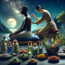"Assortment of herbal remedies surrounded by peaceful sleep symbols, individual practicing acupuncture, and a person meditating with serene night-time imagery in the background."