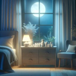 Create an image of a peaceful bedroom with a nightstand that has various herbal supplements like valerian root, chamomile, and lavender, with a soft moonlight glow coming through a window.