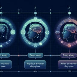 "Diagram illustrating the stages of human sleep cycle, showing light sleep, deep sleep, REM sleep, and the effects on the brain and body."