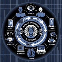 "Diagram of the human sleep cycle showing various stages of sleep, including REM and deep sleep, with icons representing factors influencing sleep quality such as stress, technology, and caffeine."