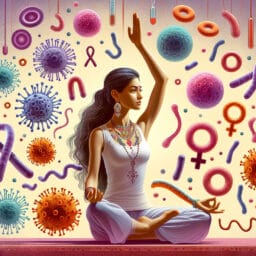 "Digital illustration of a person in a yoga pose surrounded by symbolic representations of different components of the immune system like white blood cells, antibodies, and pathogens."