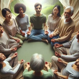 "Group of diverse people sitting in a peaceful circle engaging in mindfulness meditation, with a serene backdrop suggesting tranquility and mental wellness."
