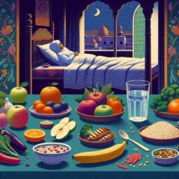 "Healthy balanced diet with various fruits, vegetables, proteins, and grains on a table, a glass of water, and a person sleeping peacefully in a comfortable, dark bedroom."