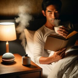 "Person peacefully reading a book in bed with dim lighting, a cup of herbal tea on the nightstand, and essential oil diffuser releasing gentle steam."
