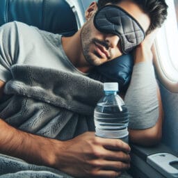 "Person peacefully sleeping on a plane with a water bottle in the seat pocket, eye mask on, and a soft blanket, indicating preparation for travel and time zone adjustment."