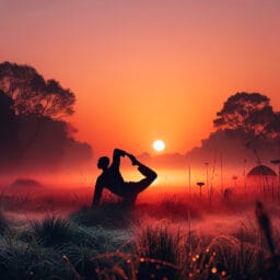 "Person practicing yoga at sunrise in a peaceful outdoor setting, symbolizing the harmony between circadian rhythms and yoga for well-being."