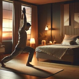 "Person practicing yoga in a serene, peaceful bedroom environment at dusk to promote better sleep."