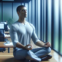 "Person sitting in a peaceful office environment practicing deep breathing exercises with eyes closed and hands resting on knees in a relaxed posture to illustrate stress management at work."