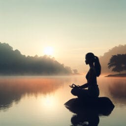 "Person sitting peacefully by a tranquil lake at sunrise, meditating in a lotus position with soft light illuminating their silhouette"