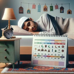"Person sleeping peacefully in bed with a calendar showing intermittent fasting schedule on the nightstand"