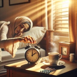 "Person struggling to wake up, hitting snooze button on an alarm clock, sunlight streaming through the window, with a cup of coffee and daily medications on the bedside table."