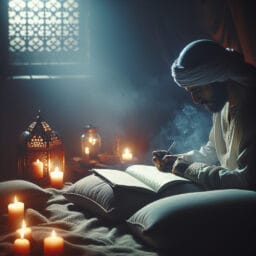 "Person writing in a journal by candlelight before sleeping, showing a sense of peace and contemplation, without any visible text or words, in a cozy bedroom setting."