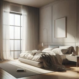 "Serene bedroom with minimalistic decor and a peaceful sleeping environment"